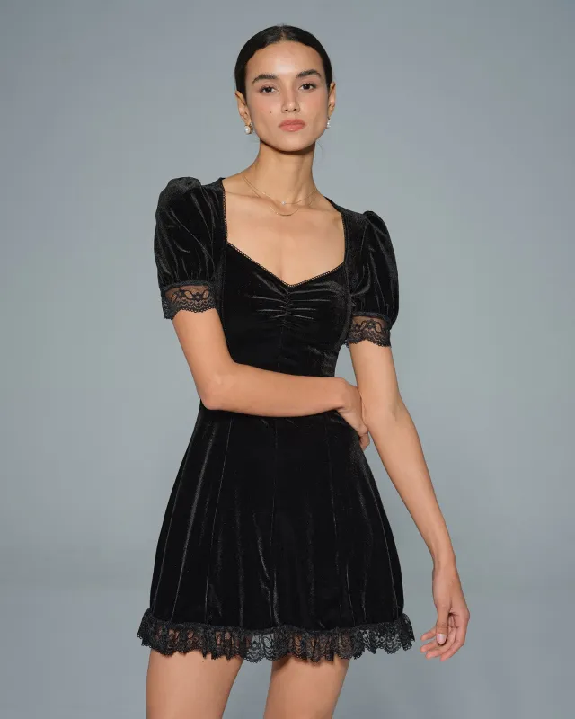Black Lace V Neck Velour Mini Dress sold by rihoas
