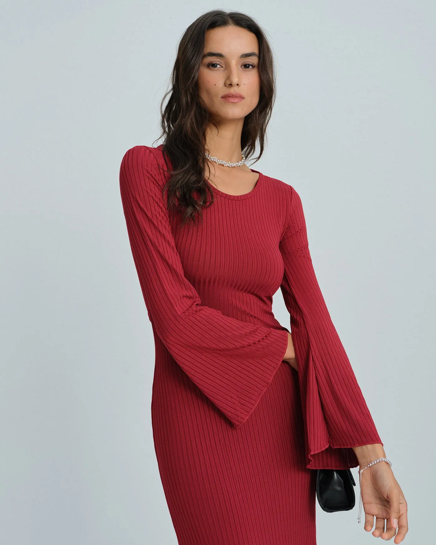 Wine Red Bell Sleeve Tie Maxi Dress sold by rihoas product image thumbnail 2