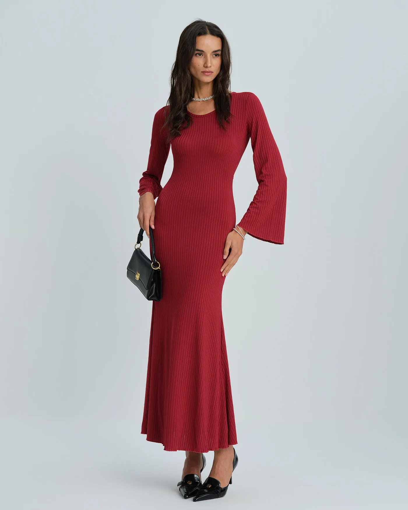 Wine Red Bell Sleeve Tie Maxi Dress sold by rihoas product image thumbnail 5