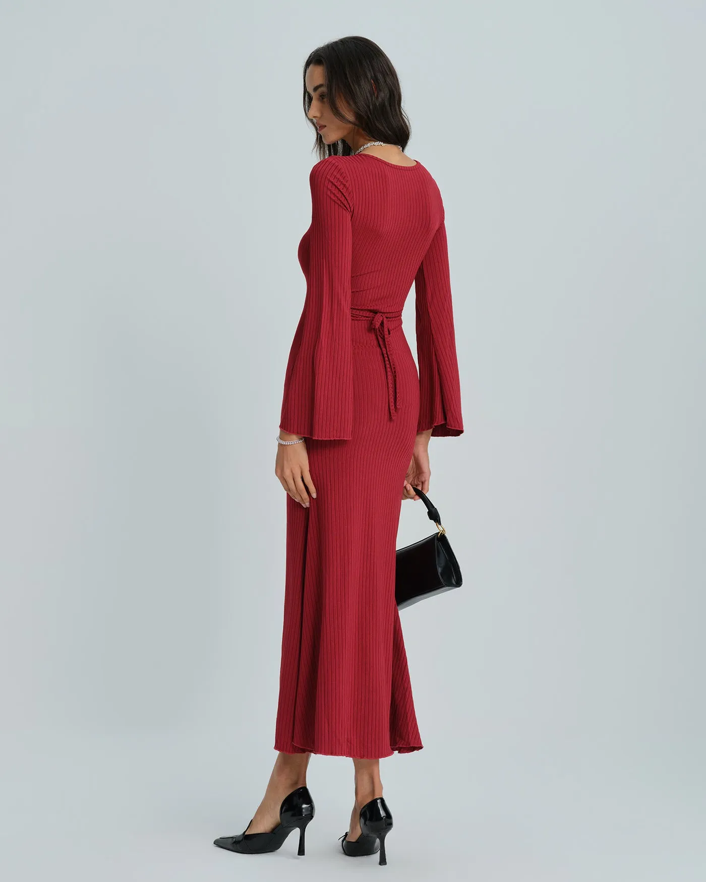 Wine Red Bell Sleeve Tie Maxi Dress sold by rihoas product image thumbnail 4