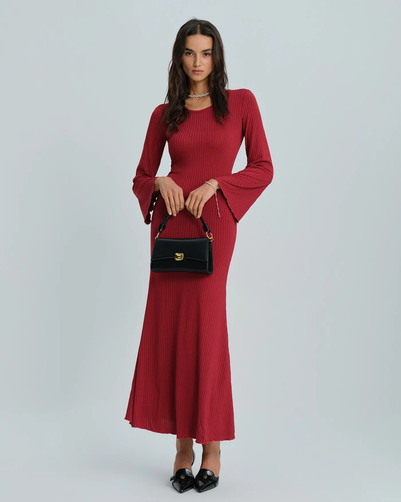 Wine Red Bell Sleeve Tie Maxi Dress sold by rihoas