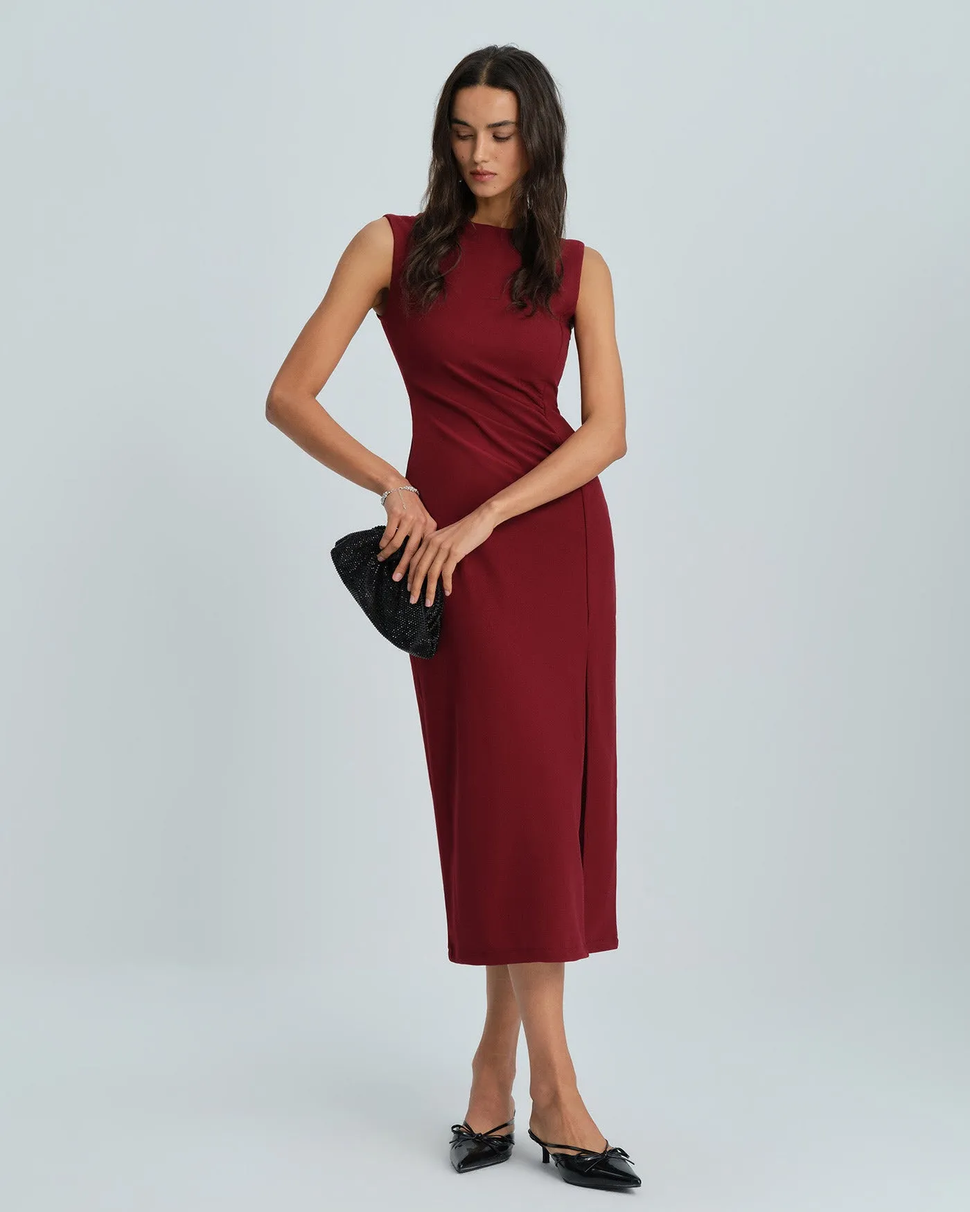 Wine Red Sleeveless Tunic A-Line Midi Dress sold by rihoas product image thumbnail 3