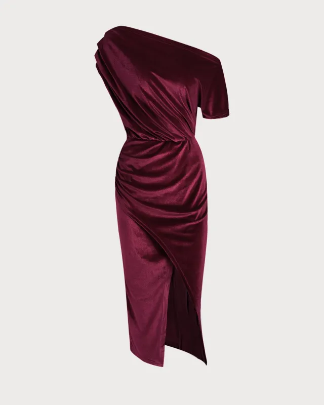 Red Sleeveless One Shoulder Velour Midi Dress sold by rihoas