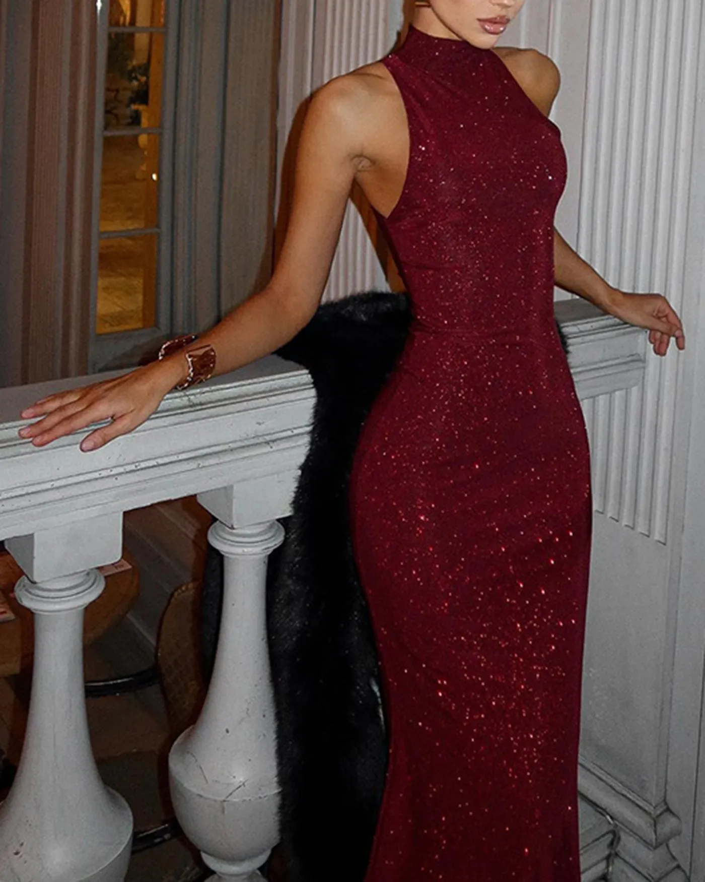 Wine Red Sleeveless Turtle Maxi Dress sold by rihoas product image thumbnail 2
