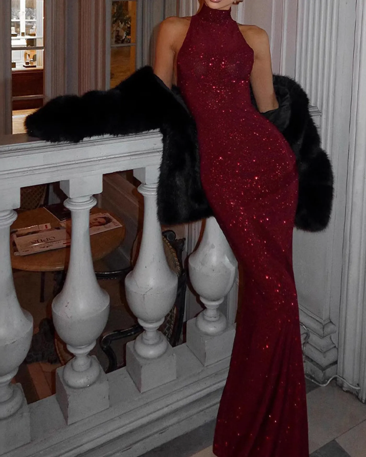 Wine Red Sleeveless Turtle Maxi Dress sold by rihoas product image thumbnail 4