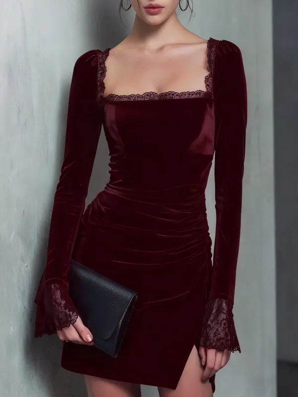 Wine Red Velour Square Neck Mini Dress sold by rihoas