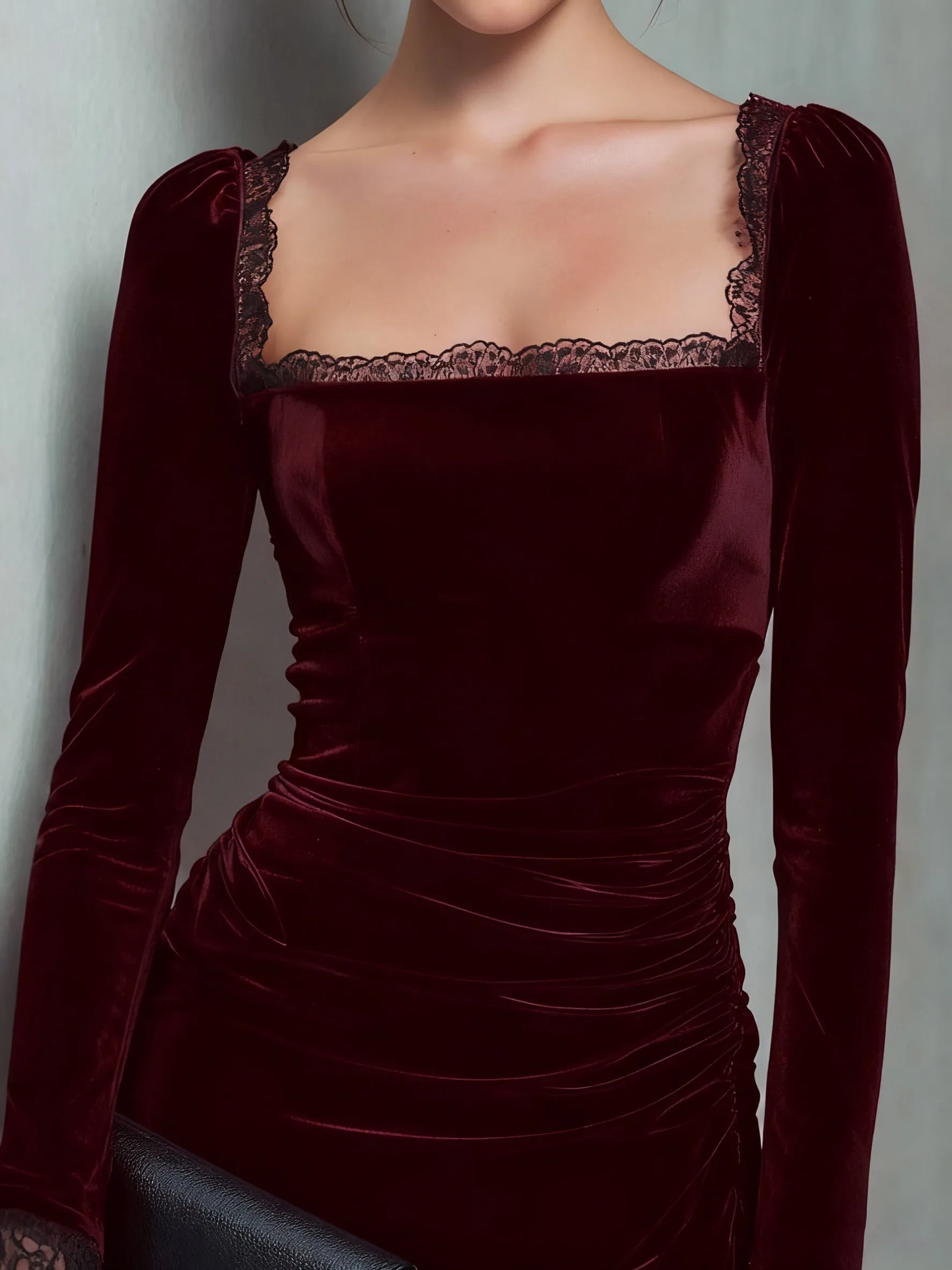 Wine Red Velour Square Neck Mini Dress sold by rihoas product image thumbnail 2