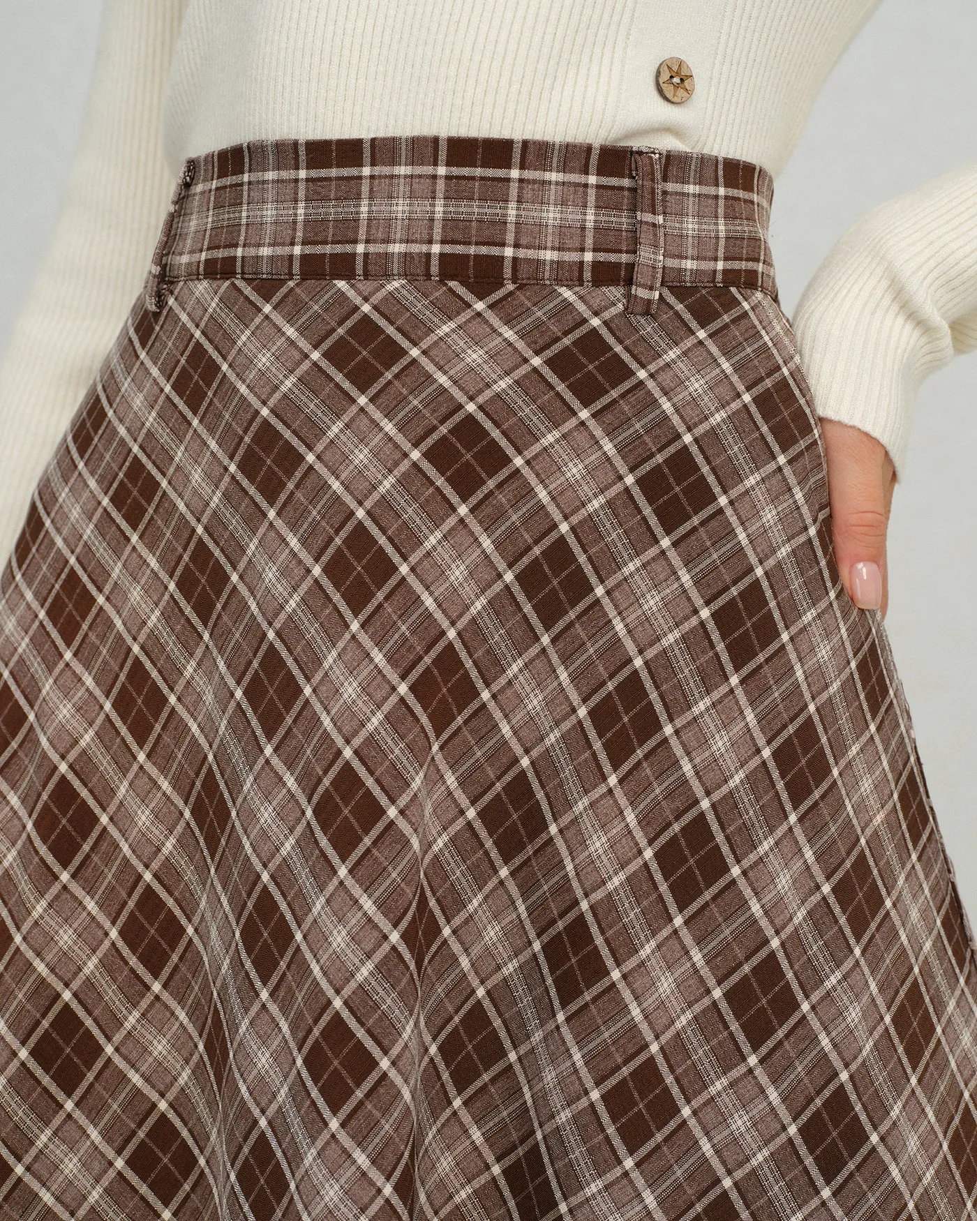 Brown Plaid Floral A-Line Midi Skirt sold by rihoas product image thumbnail 2