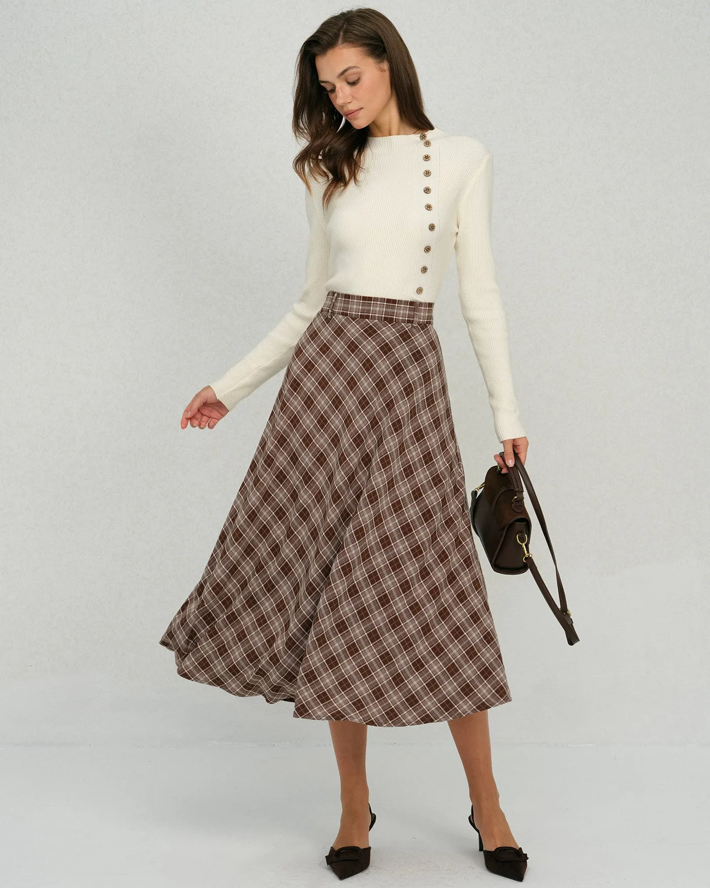 Brown Plaid Floral A-Line Midi Skirt sold by rihoas product image thumbnail 5