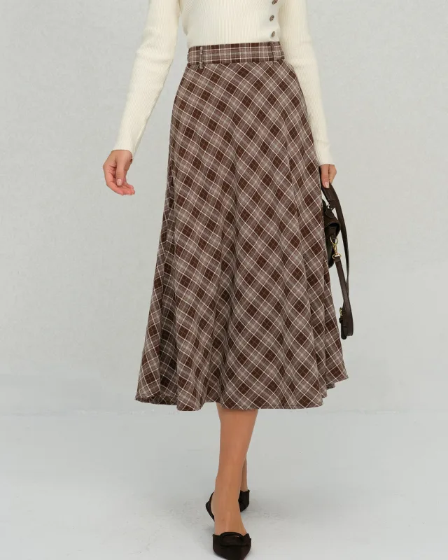Brown Plaid Floral A-Line Midi Skirt sold by rihoas