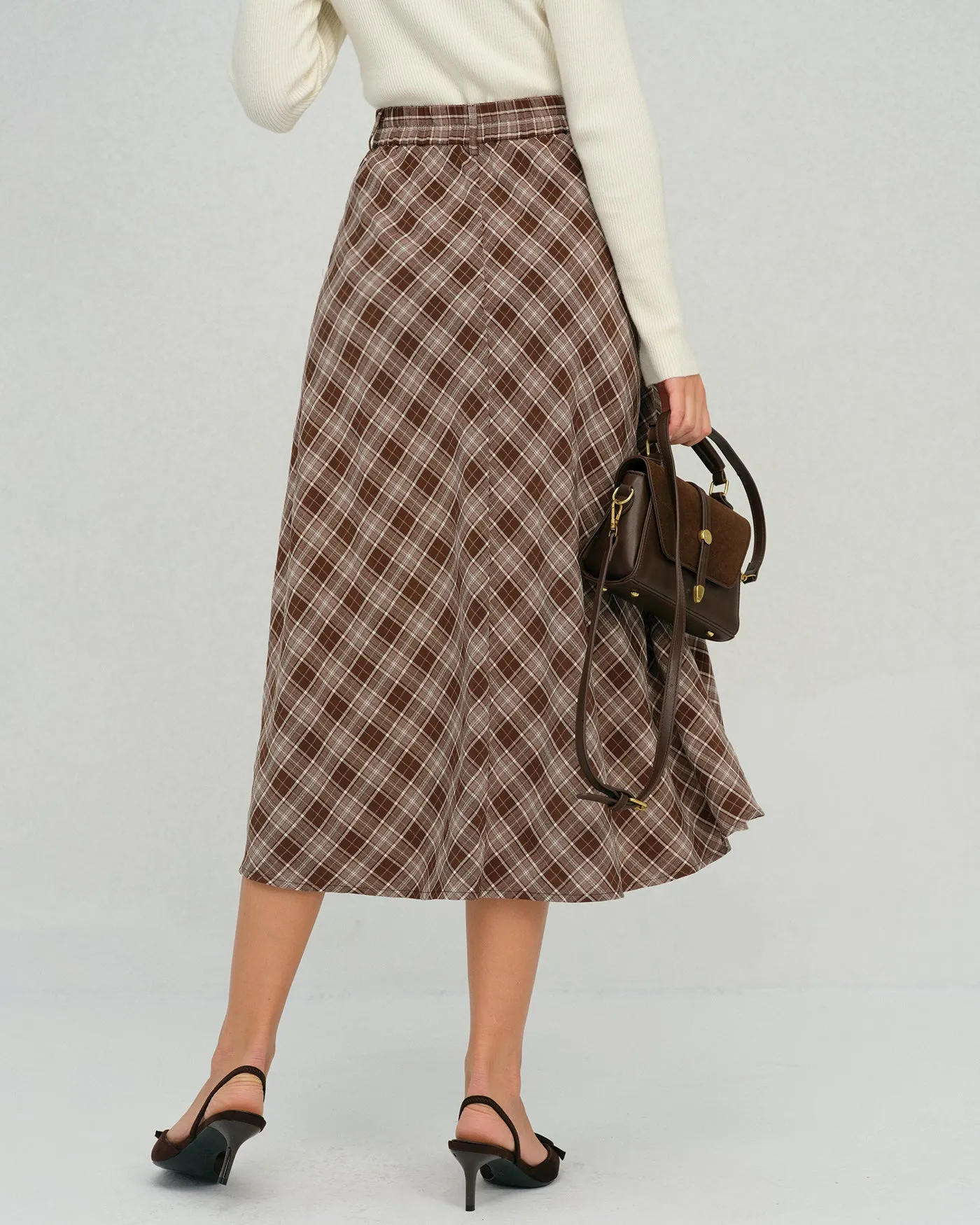Brown Plaid Floral A-Line Midi Skirt sold by rihoas product image thumbnail 3