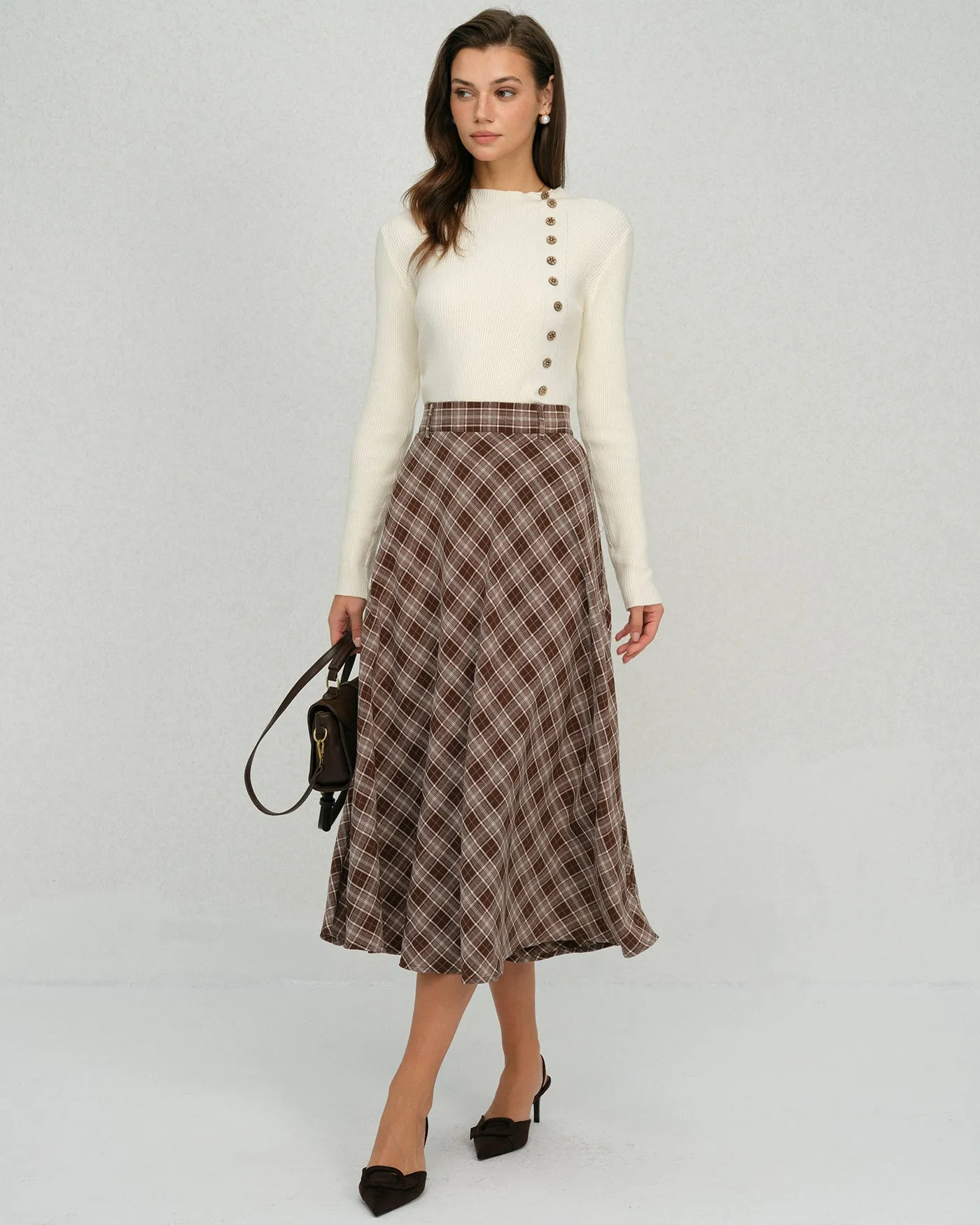 Brown Plaid Floral A-Line Midi Skirt sold by rihoas product image thumbnail 4