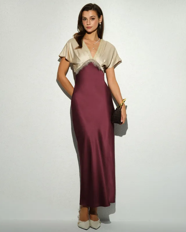 Wine Red V Neck A-Line Maxi Dress sold by rihoas