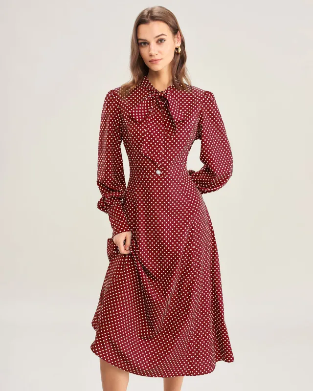 Wine Red Bishop Sleeve Polka Dot Midi Dress made by rihoas