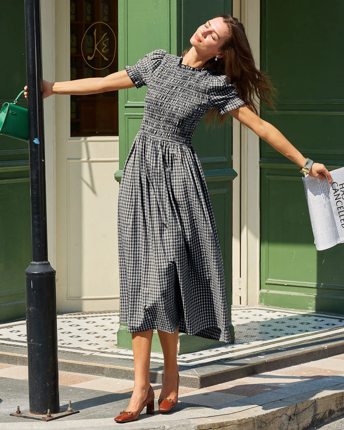 Blue Gingham Puffed Sleeve Midi Dress sold by rihoas product image thumbnail 4