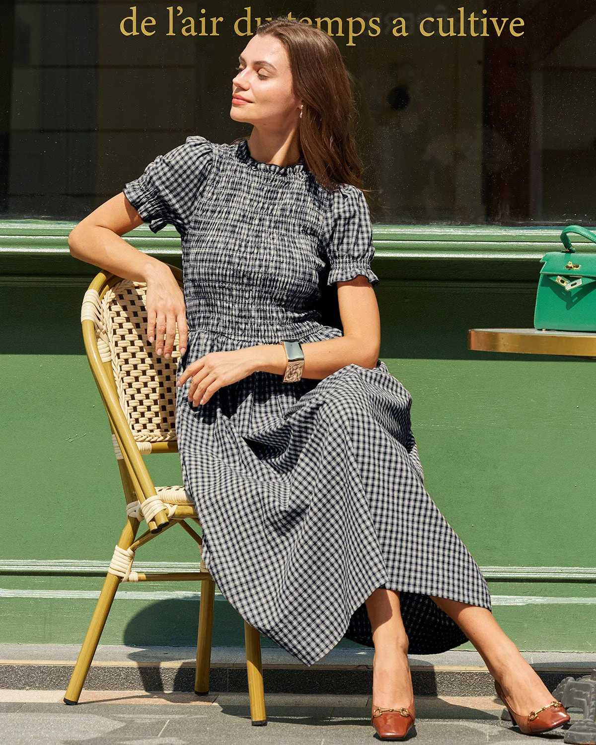 Blue Gingham Puffed Sleeve Midi Dress sold by rihoas product image thumbnail 3
