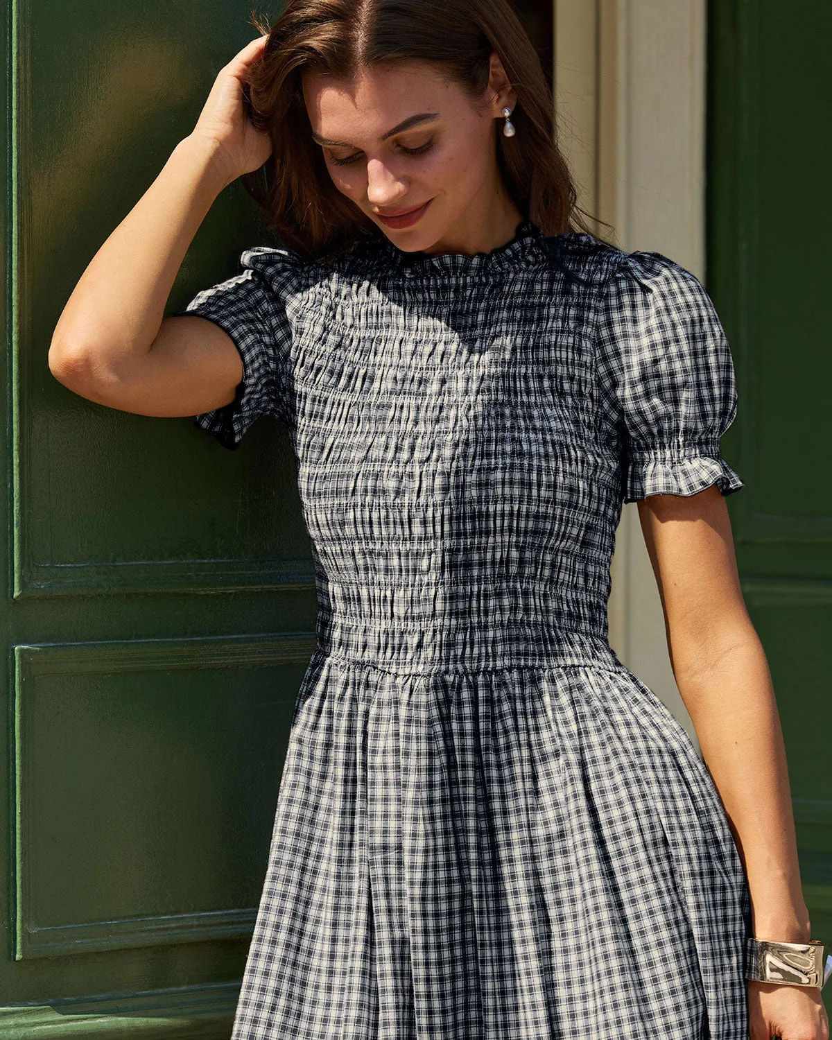 Blue Gingham Puffed Sleeve Midi Dress sold by rihoas product image thumbnail 2