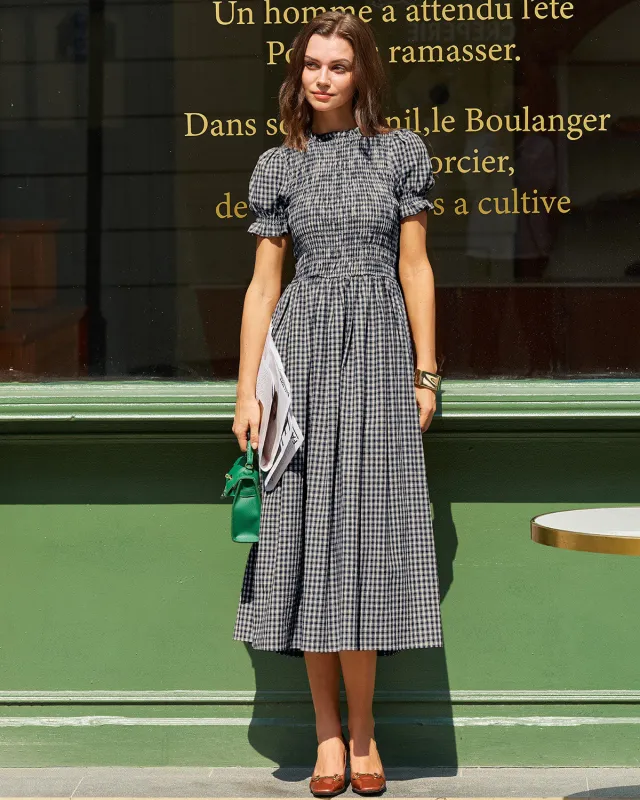 Blue Plaid Puffed Sleeve Midi Dress sold by rihoas