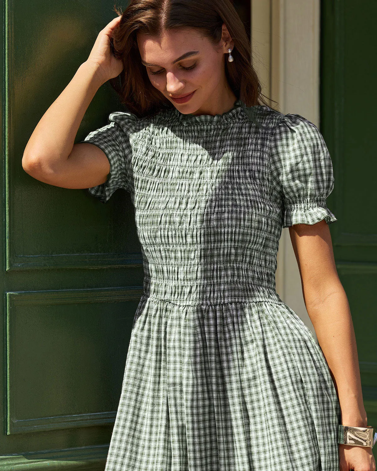 Green Plaid Puffed Sleeve Midi Dress sold by rihoas product image thumbnail 2