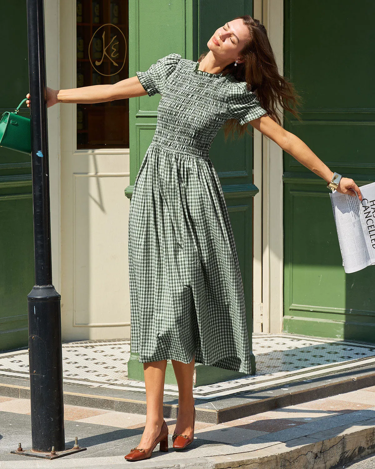 Green Plaid Puffed Sleeve Midi Dress sold by rihoas product image thumbnail 4