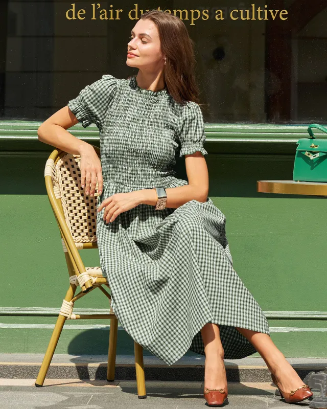 Green Plaid Puffed Sleeve Midi Dress sold by rihoas