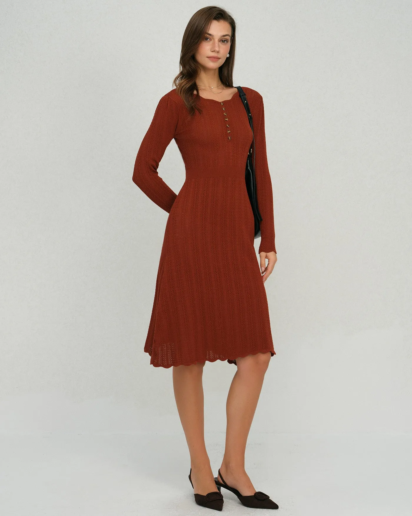 Brown Scalloped A-Line Sweater Dress sold by rihoas product image thumbnail 2