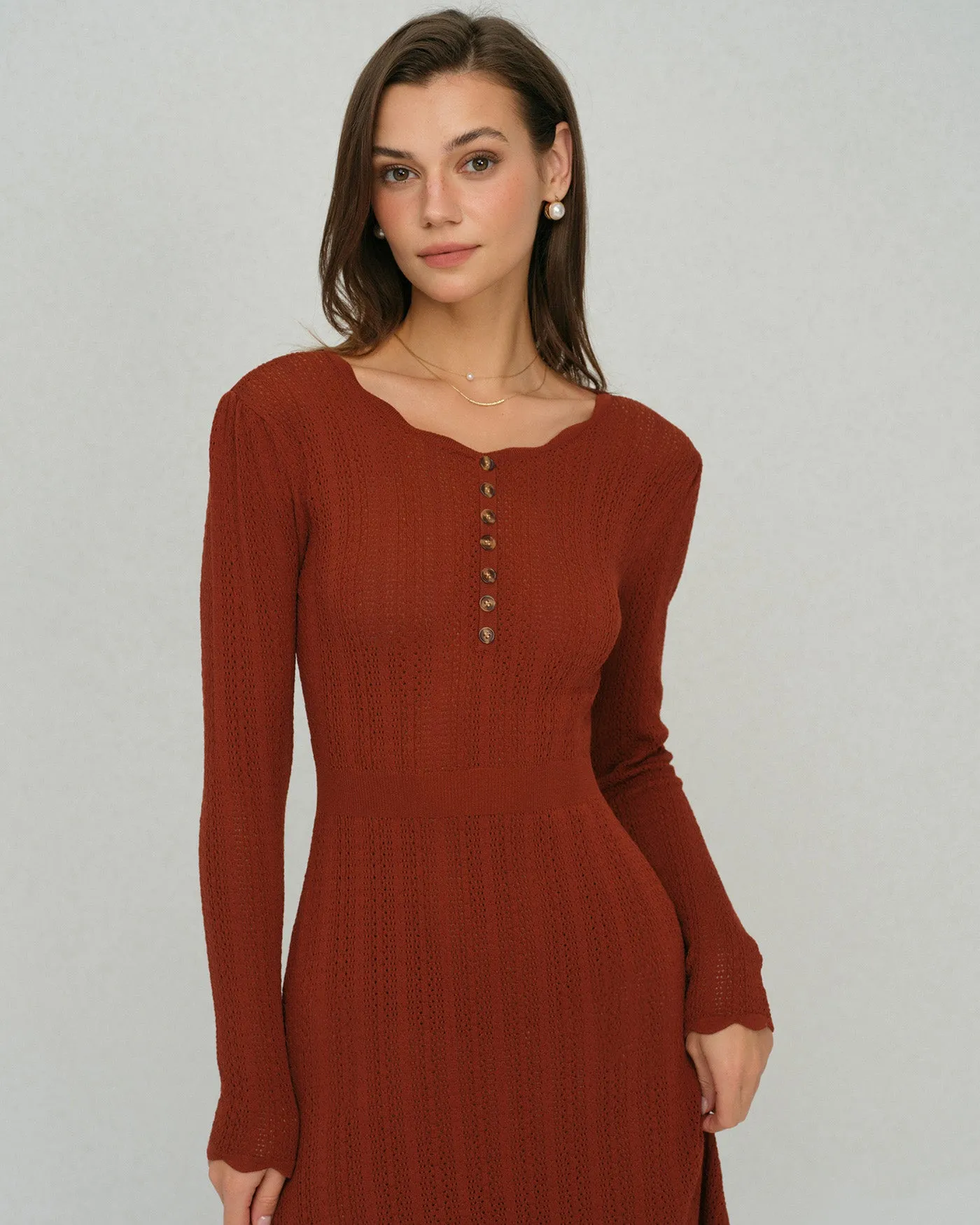 Brown Scalloped A-Line Sweater Dress sold by rihoas product image thumbnail 4