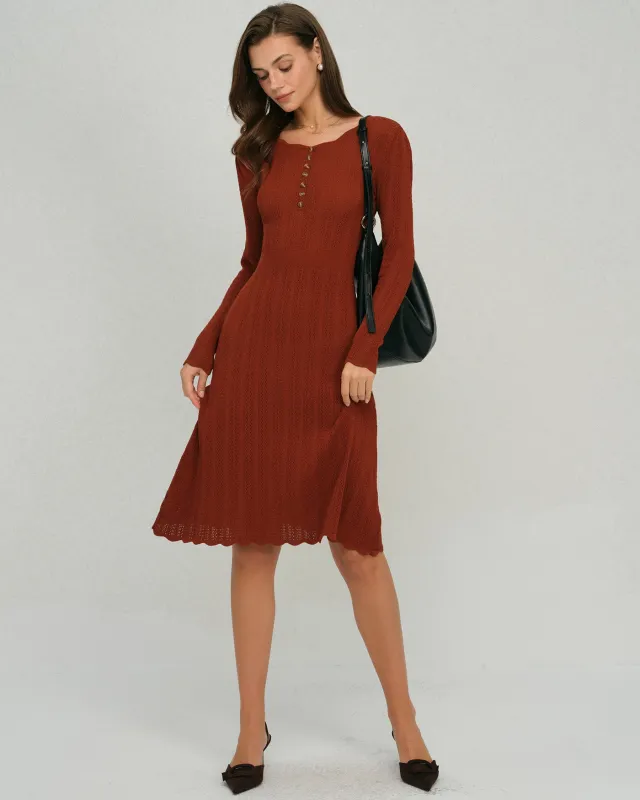 Brown Scalloped A-Line Sweater Dress sold by rihoas