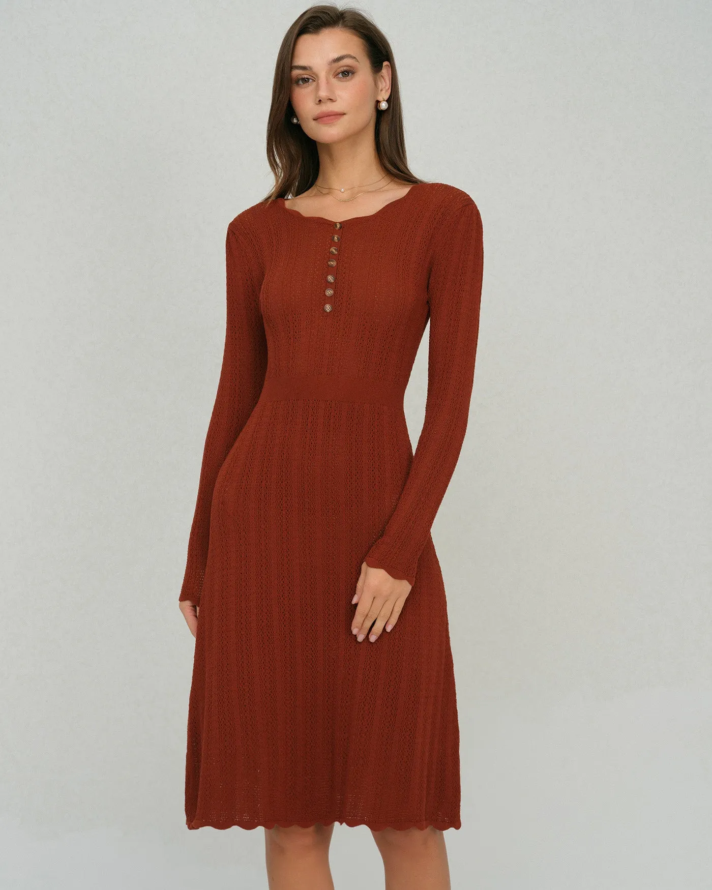 Brown Scalloped A-Line Sweater Dress sold by rihoas product image thumbnail 3