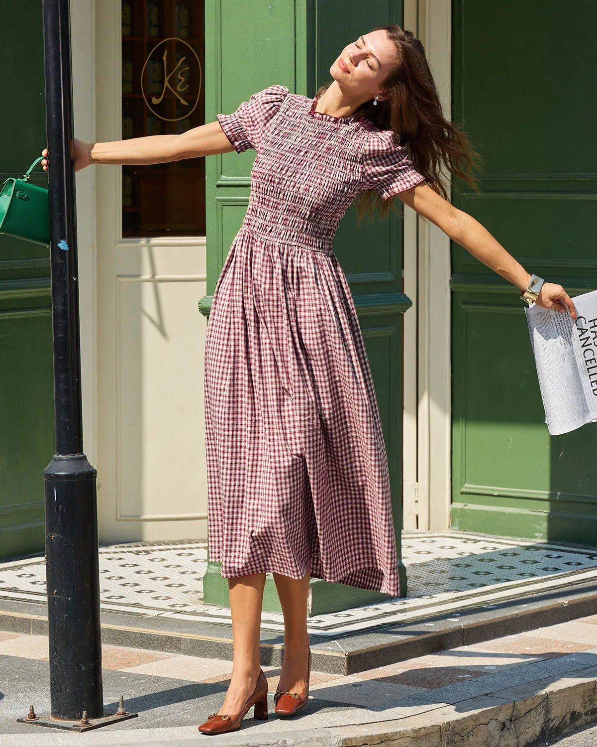 Wine Red Gingham Puffed Sleeve Midi Dress sold by rihoas product image thumbnail 4