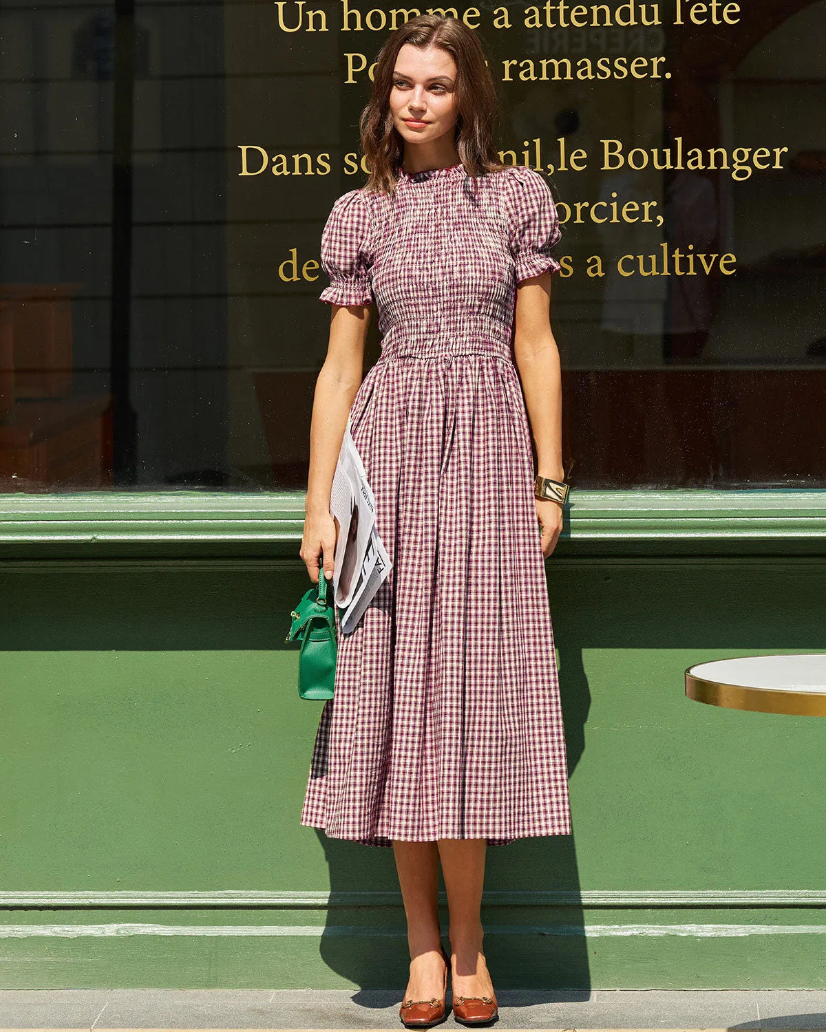 Wine Red Gingham Puffed Sleeve Midi Dress sold by rihoas product image thumbnail 3