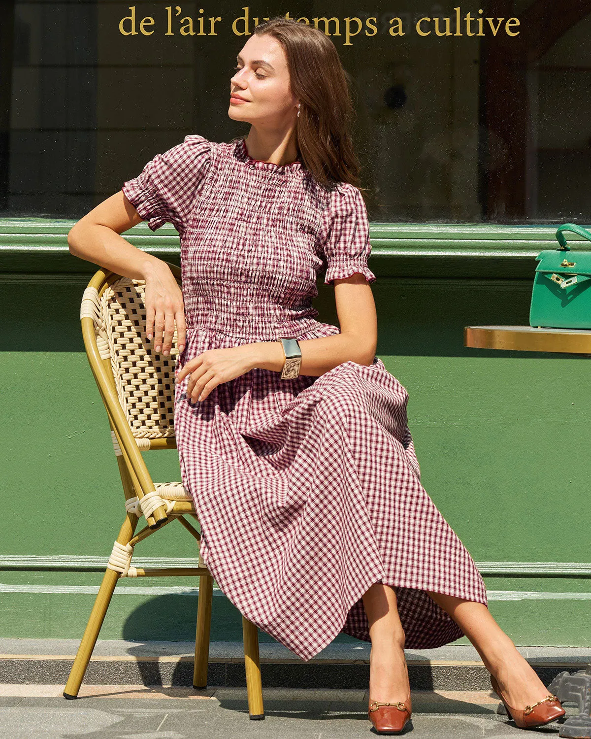 Wine Red Gingham Puffed Sleeve Midi Dress sold by rihoas