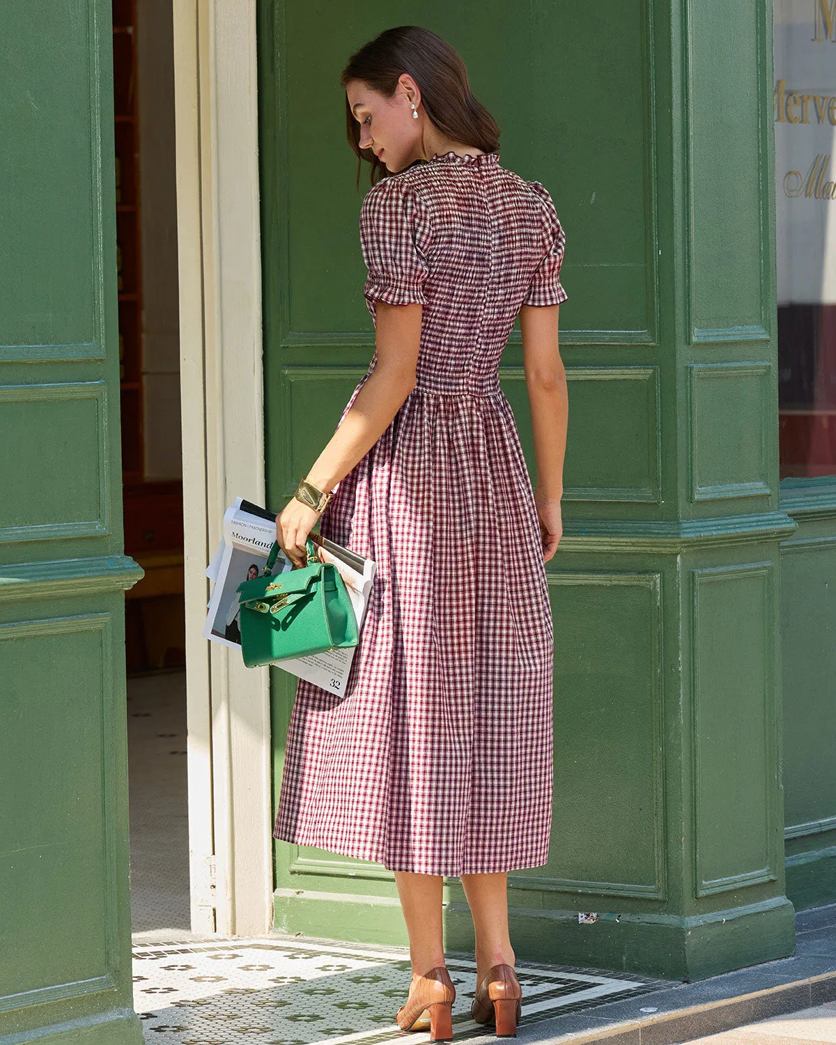 Wine Red Gingham Puffed Sleeve Midi Dress sold by rihoas product image thumbnail 5