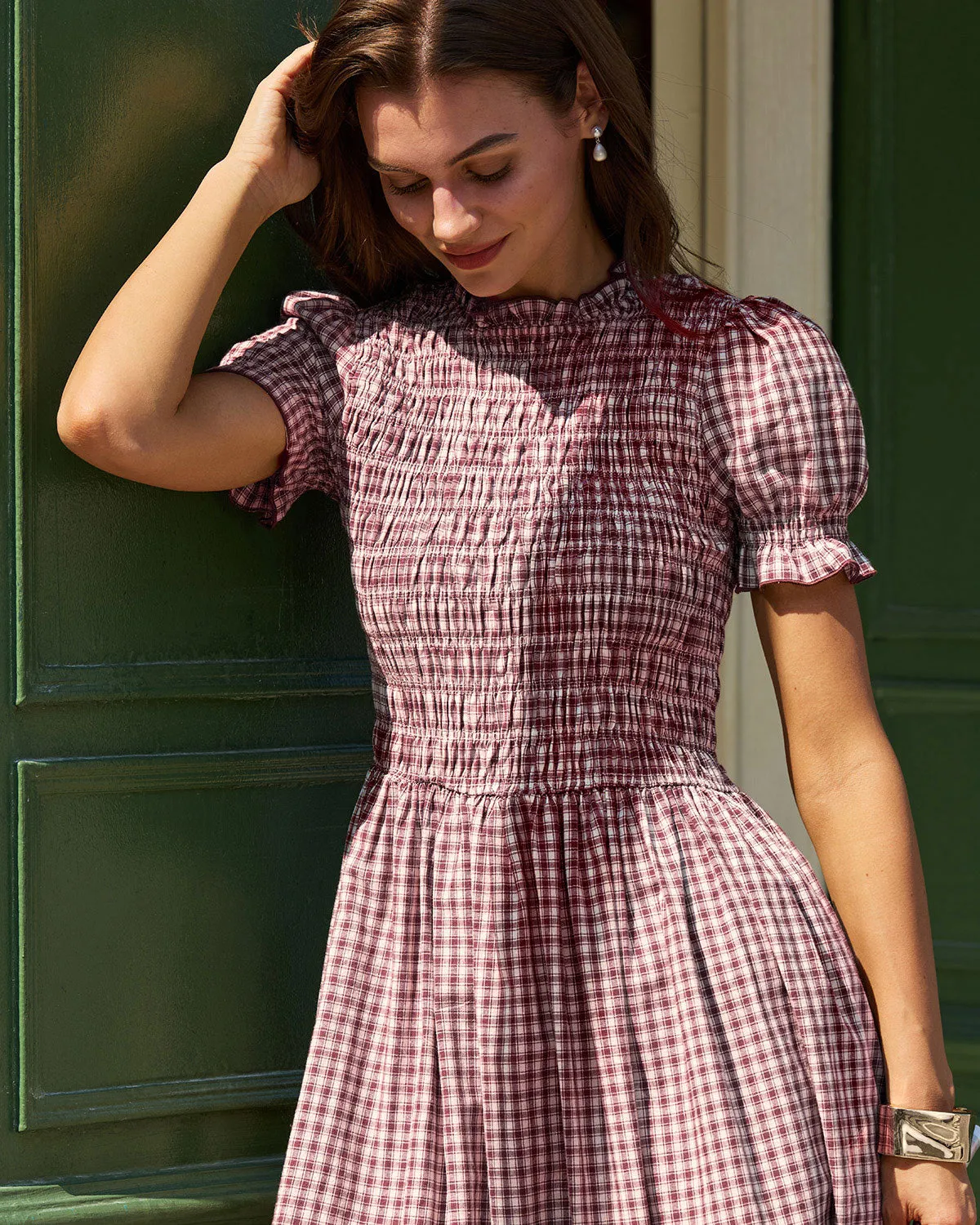 Wine Red Gingham Puffed Sleeve Midi Dress sold by rihoas product image thumbnail 2