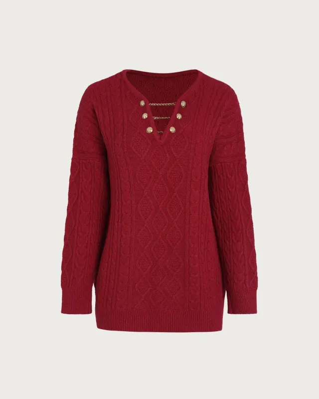 Red V Neck Knit Sweater sold by rihoas