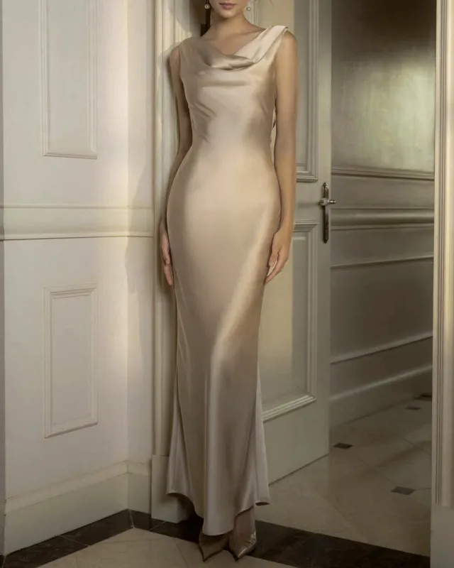 Beige Cowl Neck Tie Maxi Dress sold by rihoas