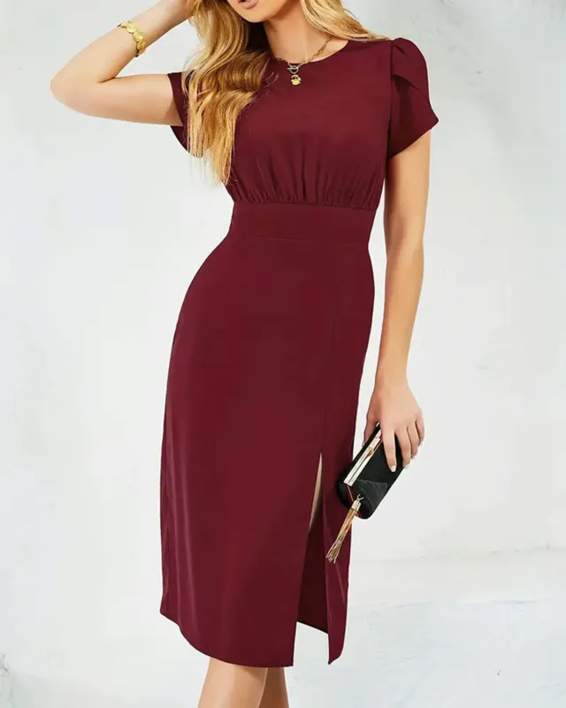Wine Red Puffed Sleeve Tunic Midi Dress sold by rihoas
