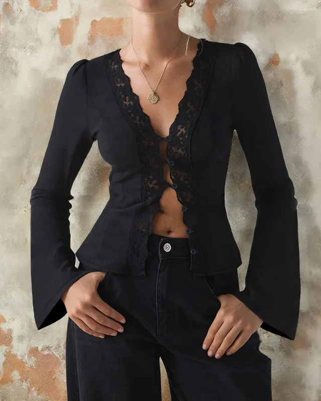 Black V Neck Lace Tees sold by rihoas