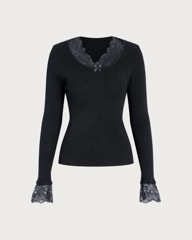 Black V Neck Lace Sweater sold by rihoas