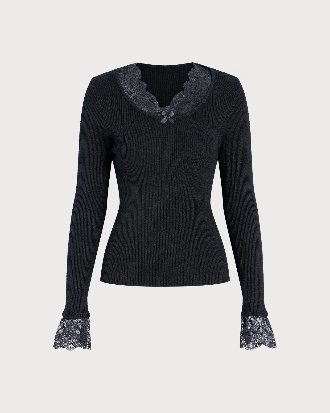 Black V Neck Lace Sweater sold by rihoas
