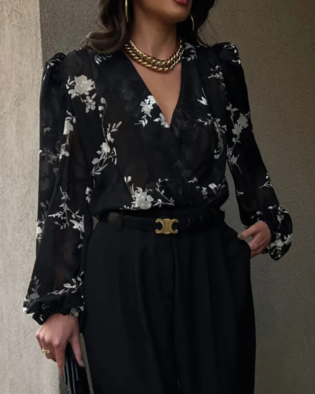 Black V Neck Floral Shirt sold by rihoas