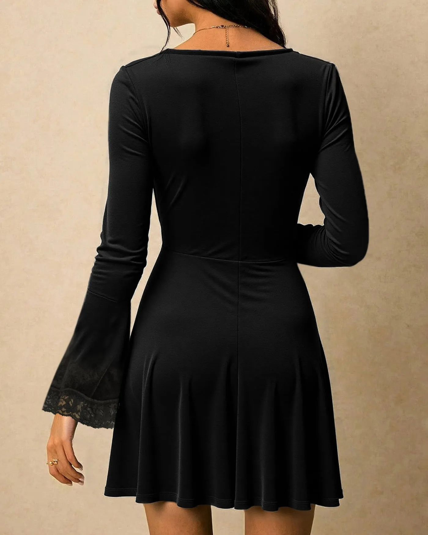 Black V Neck Tunic Velour Mini Dress sold by rihoas product image thumbnail 3