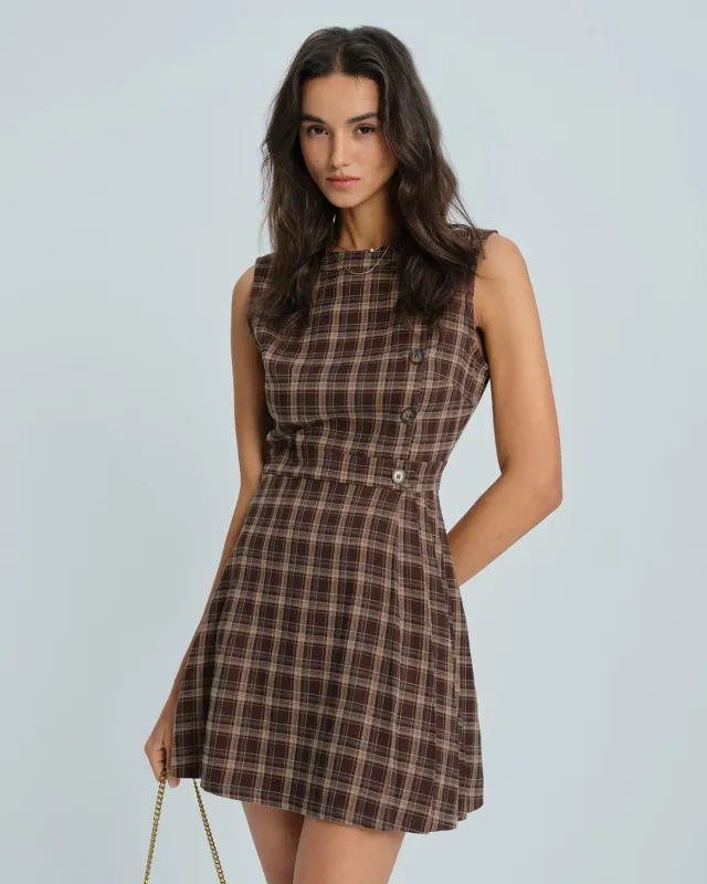 Brown Sleeveless Plaid Mini Dress sold by rihoas