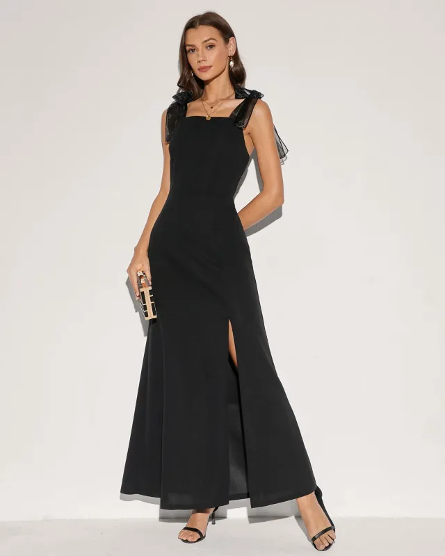 Black Solid Tie Strap Maxi Dress sold by rihoas