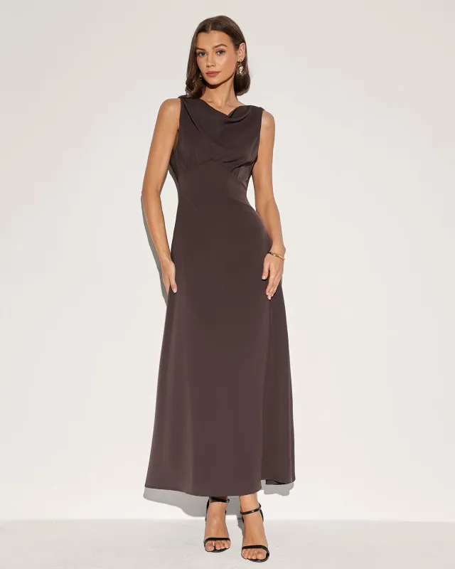 Coffee Cowl Neck Maxi Dress sold by rihoas
