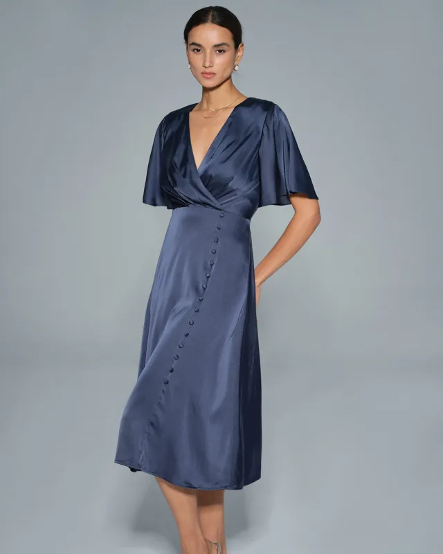 Navy V Neck Satin Midi Dress sold by rihoas