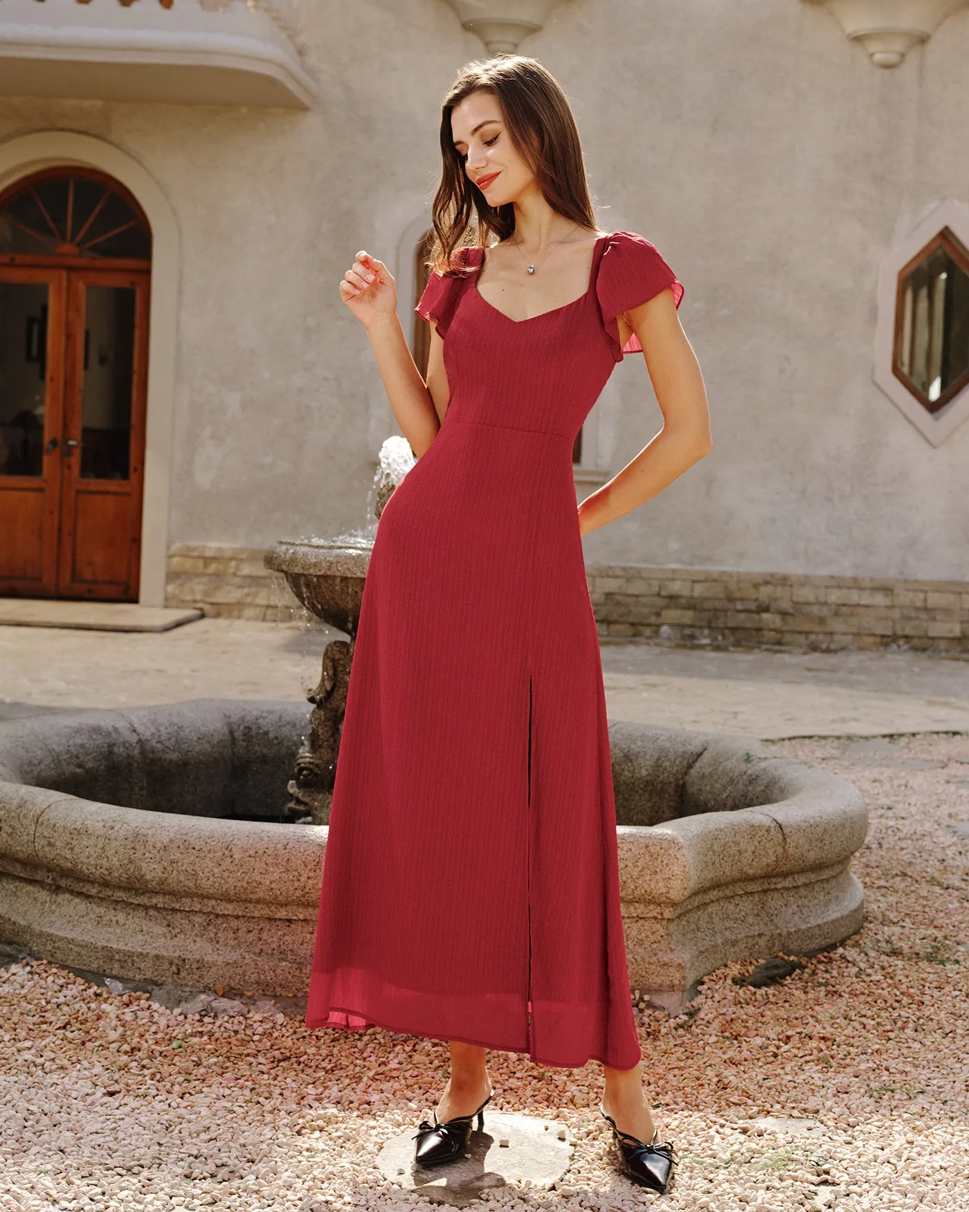 Red Sweetheart Neck Jacquard Maxi Dress sold by rihoas