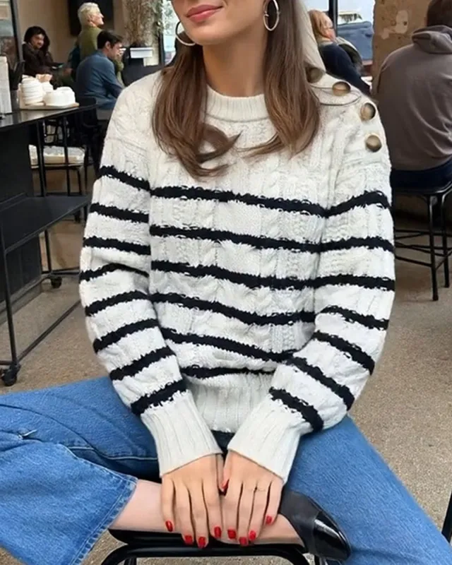 White Striped Button Knit Cardigan sold by rihoas