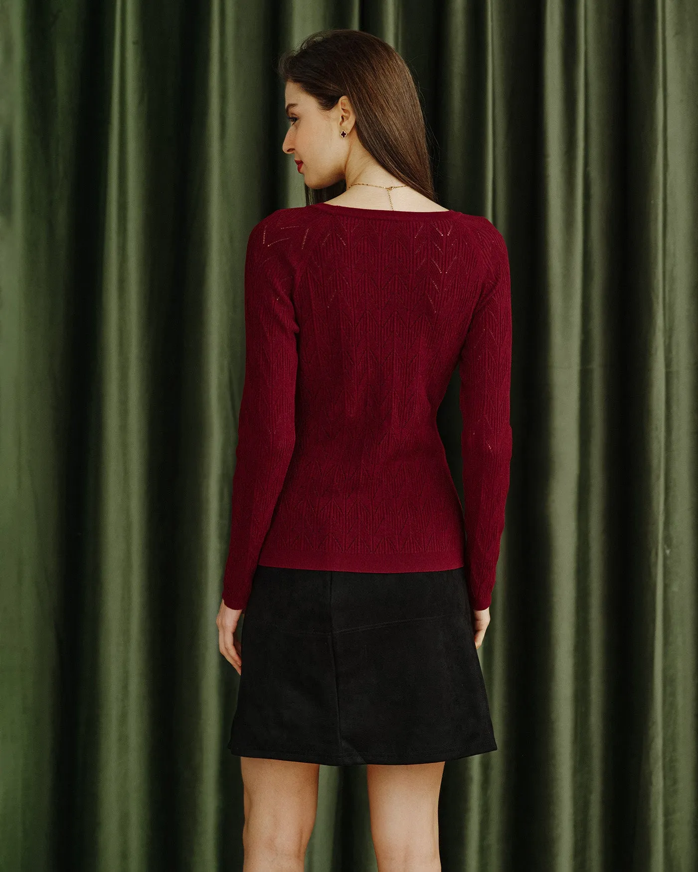 Wine Red V Neck Viscose Knit Cardigan sold by rihoas product image thumbnail 3