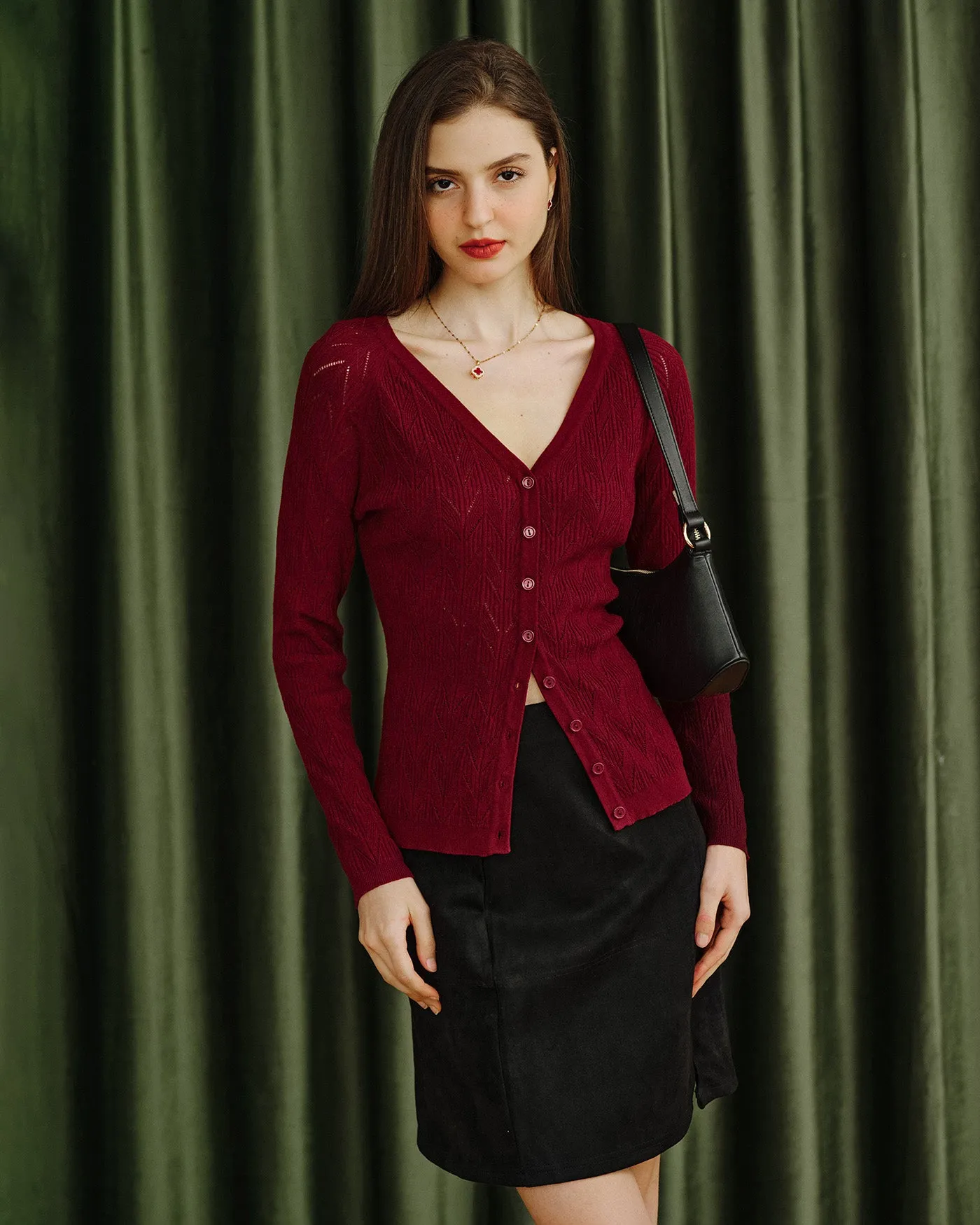 Wine Red V Neck Viscose Knit Cardigan sold by rihoas